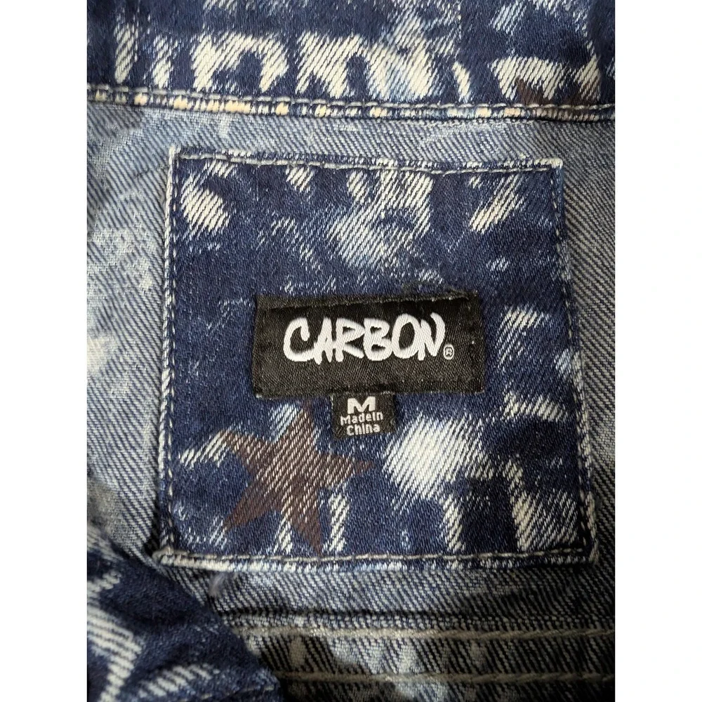Carbon Mens Acid Wash Denim Vest Blue Brown Star Print Frayed Sleeveless Medium